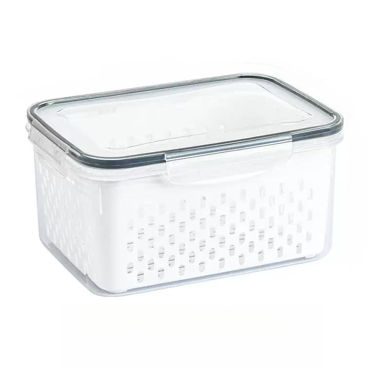 4 in 1 Food Storage Container with Removable Colander & Lid, Stackable Fridge Organizer Bin for Produce, Fruit, Vegetables, Salad, Berry, Lettuce & Meat (Gray, Small 6.10in*4.33in*3.15in)