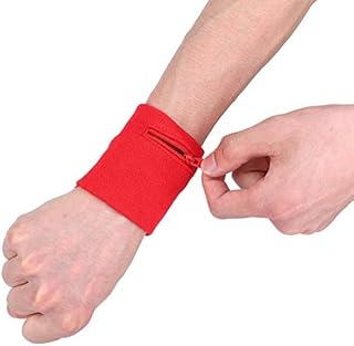 Zipper Wrist Pouch, Sports Gym Basketball Wristbands Running Sweatbands Wrist Wrap Wallet with Zipper Pocket for Keys, ID, Cards, Cash(Red)