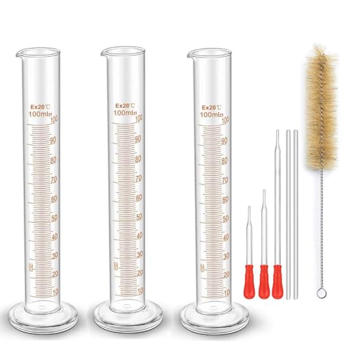 Cilindro Graduato Vetro, ZEEROQOLAB 3 Pezzi 100 ml Cilindro Graduato in Vetro Borosilicato di Misurazione con 3 Contagocce, 2 Barra di Agitazione et 1 Spazzolini di Pulizia, per Laboratorio, Chimica