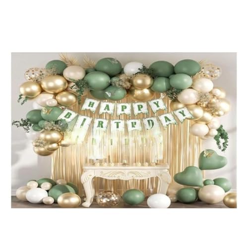 Image of Elegant Green and Gold Balloon Backdrop with Birthday Banner - Party Decoration for Birthday Celebration and Photo Booth