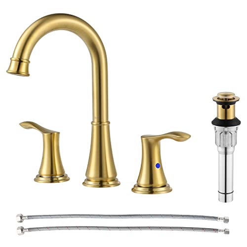 PARLOS Brushed Gold Widespread Double Handles Bathroom Faucet with Pop Up Drain and cUPC Faucet Supply Lines, Demeter 1365108