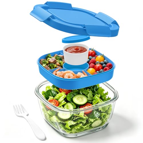 Image of Glass Salad Container,56oz Salad Bowl To Go for Lunch with Airtight Lid,Leak-Proof Sauce Container,4-Compartment Bento Tray & Reusable Fork - BPA-Free Glass Lunch Box for Meal Prep,Office(Blue)