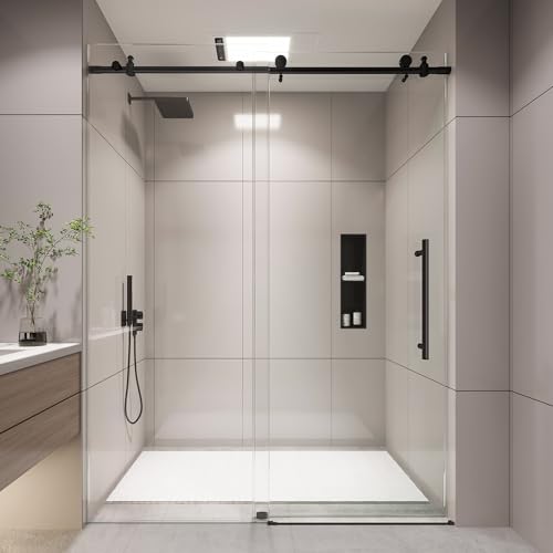 KPUY Frameless Shower Door, 56-60' W x 76' H Sliding Glass Shower Door, 1/4' (6mm) Thick Tempered Clear Glass with Explosion-Proof Film Nano Coating, Stainless Steel Hardware, Matte Black