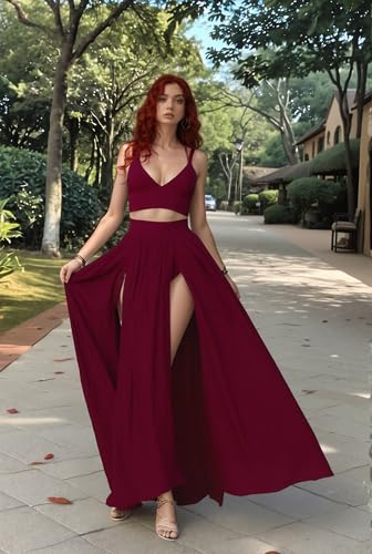 Image of Women Sexy 2 Piece Outfits Dress Chiffon Strap Deep V Neck Bra Crop Top High Split Maxi Dresses Skirt Set