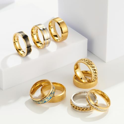 9 pieces/set men's golden/silver ring set (2 of which chain rotating rings relieve anxiety and stress) trendy and fashionable women's couple stainless steel rings2