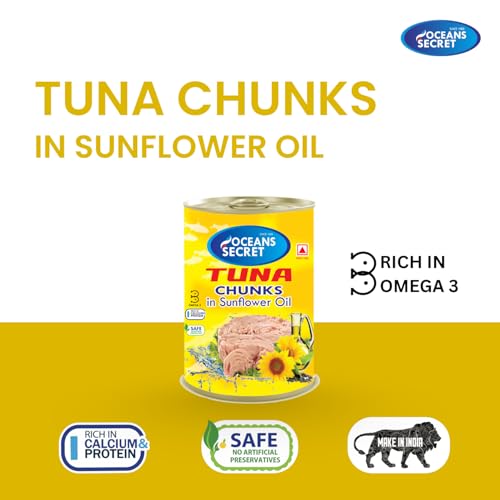 Image of Ocean Secrets | Canned Tuna Fish | Balanced Nutrition | Heart Healthy | Tuna in Sunflower Oil | Premium Cuts Ready to Eat | 400gm | Pack of 4