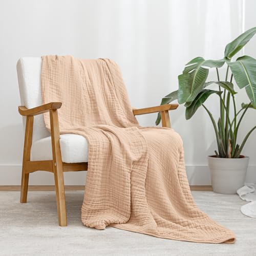 Image of Comfy Cubs Muslin Throw Blanket - 50 inch x 60 inch Quilted Design - Lightweight, Breathable 6-Layer Gauze Fabric - Soft Cotton Blanket for Home or Travel - Packaged in Elegant Gift Box - Cream