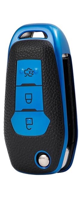 Image of JVCV Premium Soft TPU Leather Pattern Key Cover Compatible with Ford Endeavour Figo Aspire Freestyle 3 Button Folding Key (Blue).