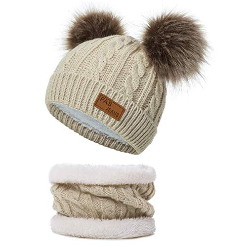 Toddler Infant Winter Hat Scarf Set for Baby Girl Knitted Warm Fleece Lined Skiing Cap Lovely Pompom Kids Beanie (Beige)