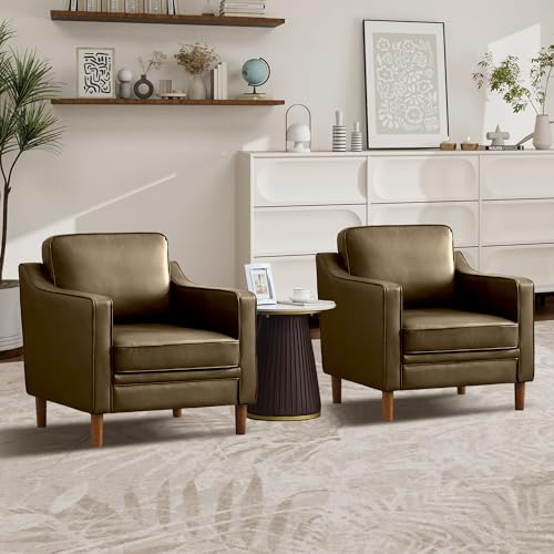 Image of Kingfun Accent Chair Set of 2, Living Room Chairs, Faux Leather Reading Armchair, Mid Century with Solid Wood Foot, Upholstered Modern Decor for Bedroom, Apartment