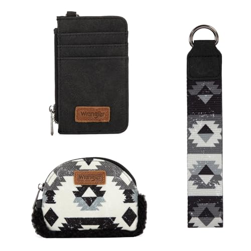 Image of Wrangler Western Keychain Wristlet Wallets for Women Dual Pouch Wristlet Sherpa Coin Purse for Women Keychain Card Holder WG166-W0051BK