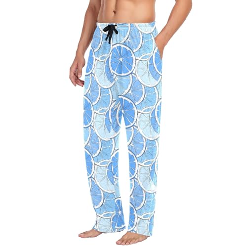 Mens Cotton Pajama Pants Sleep Lounge Pj Bottoms Sleepwear with Pockets Drawstring S Lemon Blue4