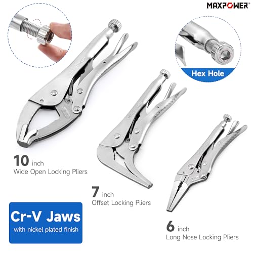Image of MAXPOWER 3 Pieces Locking Pliers Set, 6 inch Long Nose, 7 inch Offset Locks Plier and 10 inch Wide Open Locking Pliers
