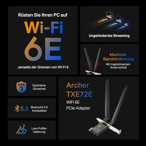 TP-Link Archer TXE72E AXE5400 Wi-Fi 6E Bluetooth 5.3 PCIe Adapter(6 GHz 2402 Mbps,5 GHz 2402 Mbps,2.4 GHz,574 Mbps, Bluetooth 5.3, WPA3-Verschlüsselungsstandards,High-Gain-Antennen)