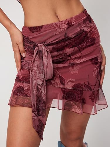 CIDER Chiffon High Waist Floral Knotted Mini Skirt2