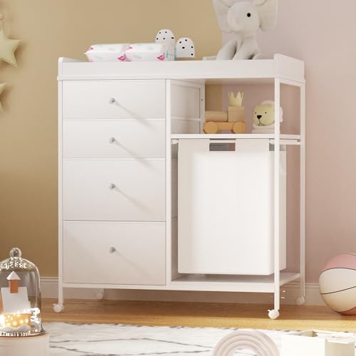 Image of 32.6" Baby Changing Station with 4 Drawers and 4 Wheels Diaper Changing Station with Changing Table Top Baby Classic Nursery Dresser with 1 Open Shelf and 1 Laundry Hamper for Newborn,White