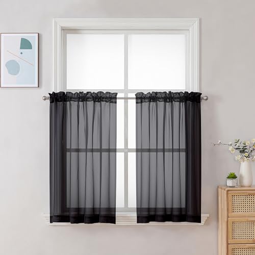 Image of Chyhomenyc Black Sheer Tier Curtains 24 Inch Length, Small Window Curtains Treatment for Bathroom /Living Room /Cafe /Basement, Short Voile Curtain Tiers, 42W x 24L, Rod Pocket, 2 PCS
