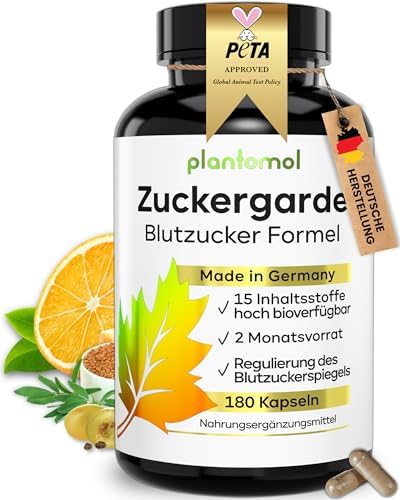 ZUCKERGARDE - 15-fach Blutzucker-Komplex Kapseln - plantomol® | Blutzucker-Formel mit Kurkuma Zimt Ingwer Olivenblatt OPC Bittermelone schwarzer Kreuzkümmel Chrom Piperin - 2-Monat