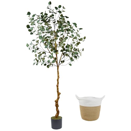 Image of Warmplants Artificial Eucalyptus Tree, 7ft Tall Fake Eucalyptus Plant with Basket, Green Silver Dollars Silk Leaves Large Faux Tree for Home Office Livingroom Floor Decor Indoor