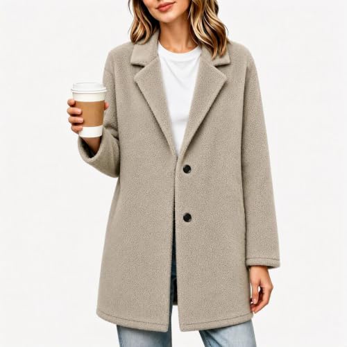 YMADREIG Teddy Jacket Women Notch Lapel Collar Button Down Fleece Coat - image 2