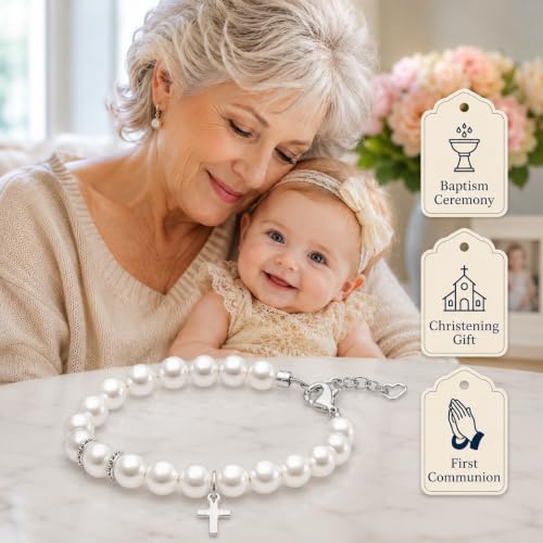 Image of Baptism Jewelry Gifts | White Pearl Bracelet | Sterling Silver Cross Charm