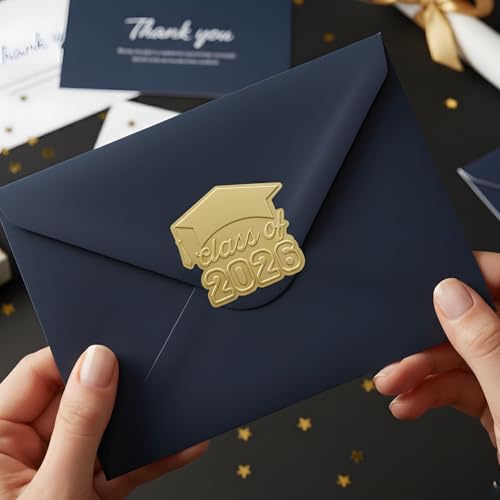 BOMSCTA Class of 2026 Graduation Envelope Stickers: 120 Pcs Gold Foil Embossed Grad Seals, 2 Inch Senior 2026 Stickers for Invitations, Announcement Cards, Party Favors, Gift Bags