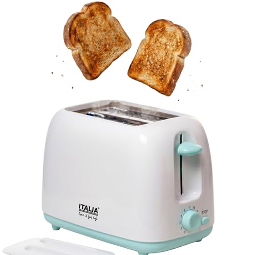 Image of ITALIA 2 Slice Pop-up Toaster | 750W Bread Toaster with 6 Browning Levels, Auto Pop-up, Anti-Jam Safety, Easy Clean, Compact Design - White & Mint