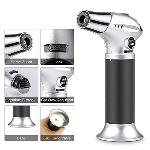 RenFox Flambeerbrander keukenbrander butaan gasbrander met veiligheidsslot butaangasbrander keuken voor crème brûlée BBQ grill kaarsen koken bakken bakken (butaan niet inbegrepen) (zilver zwart) - Image 5