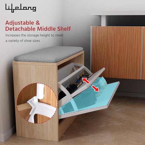 Image of Lifelong Wooden Shoe Rack with Cushioned Seat for Home Entryway | 2-Tier Flip Drawer Shoe Cabinet | Multipurpose Shoe Organizer Bench with Top Shelf | Sturdy Compact Storage Rack for Bedroom & Balcon