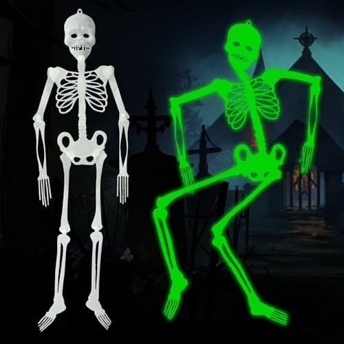 CHONGQILAO Scheletro Halloween Scheletro Luminoso, 2 Pezzi Scheletro Fluorescente, Scheletro Umano con Articolazioni Mobili, Scheletri di Halloween Decorazioni Horror per Halloween, Case Stregate
