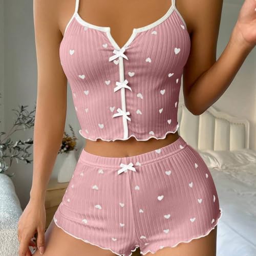 Satohom Pijama Mujer Verano de Algodón Pijama con Estampado de Amor Corto con Tirantes 2 Piezas Conjunto de Pijamas con Camiseta Sin Mangas y Pantalones Cortos Ropa para Dormir Suave S-XL