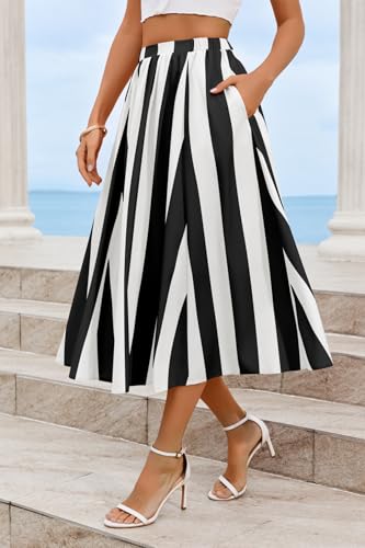 Image of Cicy Bell Womens Summer Striped Maxi Skirts A-Line Beach Vacation Outfits | Elastic Waist, Side Pockets, Flowy, Midi Length, Color Contrast, Trendy Casual