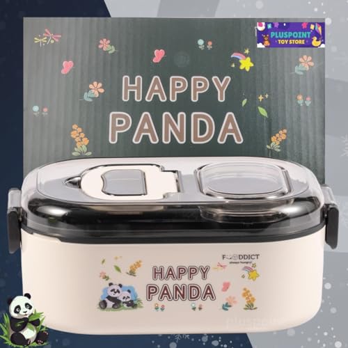 Image of PLUSPOINT Panda Stainless Steel Cute Cartoon Lunch Box for Kids Microwave Safe Insulated Tiffin Box Tableware Set Portable Containers Tiffin Box for School Boys, Girls (Panda) 700 ML