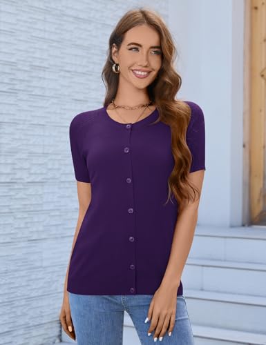 Image of FreshNight Women's 2025 Short Sleeve Cardigan Button Up Hollowed Out Crewneck Shrug Sweaters Knit Sweater Tops Lightweight