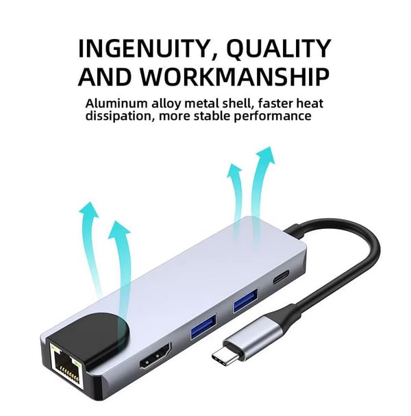 Image of 𝟏𝟓 𝐘𝐄𝐀𝐑𝐒 𝐖𝐀𝐑𝐑𝐀𝐍𝐓𝐘 New Version USB-C Hub, 5-in-1 Multiport Adapter with HDMI, USB 3.0 Ports, RJ45 Ethernet, Space Grey Aluminium Docking Station
