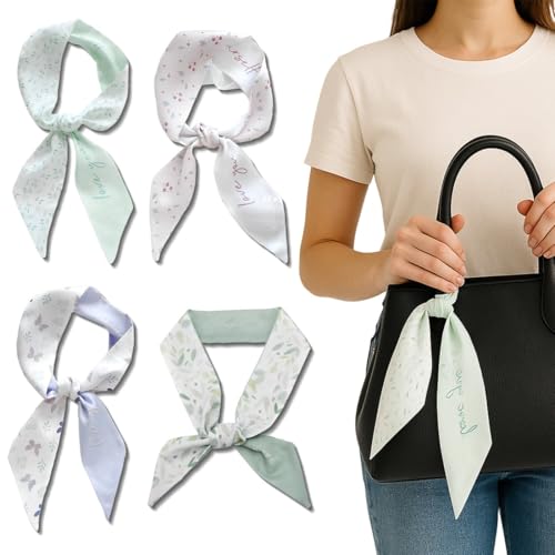 JEYORZY 4 Pcs Pañuelos de Satén para Mujer 4 Piezas, Bufanda Estrecha Suave para Cuello, Cabeza o Bolso, Pañuelo Cuello Mujer Versátil, Pelo, Bufanda, Cinta de Satén para el Cabello, Para Mujeres