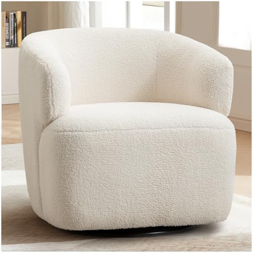 FriFurne Swivel Accent Chair, Upholstered Fabric Barrel Chair Boucle Round Boucle Armchair for Living Room Bedroom, Beige Cream White