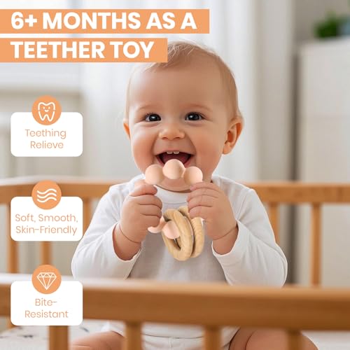 Image of Socub Baby Teething Toys for 0-6 6-12 Months- BPA-Free Food-Grade Silicone & Natural Beech Wood Teether Ring for Newborn Infants Teething Relief- Easy-Grip Sensory Rattle Toys(Blush)
