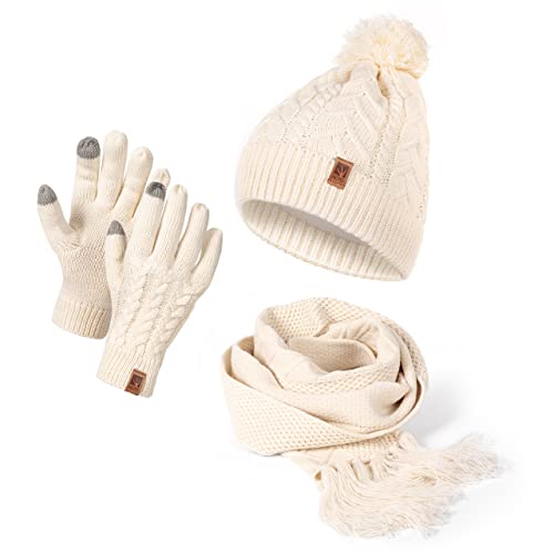 HEYO Damen Mütze Schal Winter Set | Gefütterte Strickmütze mit Bommel | Winterschal mit Fransen | Touchscreen Handschuhe (Beige)