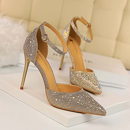 JOEupin Womens RhinestoneStiletto High Heel Pointed Toe Pumps Ankle Strap Closed Toe Pump Sandals3