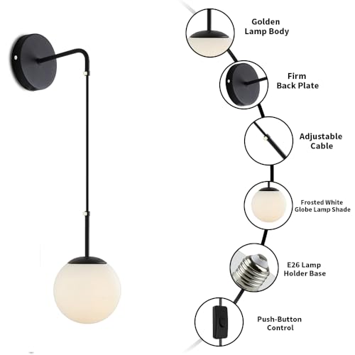 Image of LED Plug in Wall Sconces,Indoor Wall Lights,E26 Wall Mounted Lamps with Spherical Lampshade,Switch and Plug for Bedroom,Bathroom Lighting Fixtures,Black,2 Pack
