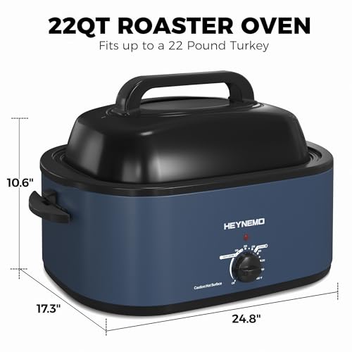 Image of HEYNEMO Roaster Oven 22Qt, 1450W Electric Turkey Roaster Oven Buffet with Self-Basting Lid, Cool-Touch Handles, Removable Pan and Rack, Stainless Steel, Blue