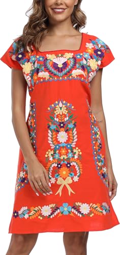 Image of YZXDORWJ Women Mexican Embroidered Dress Ruffle Collar Sleeveless