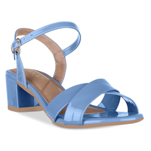 Sandália Feminina Salto Bloco Baixo Fivela Tiras Cruzadas (Azul, BR, Adulto, Numérico, M, 37)