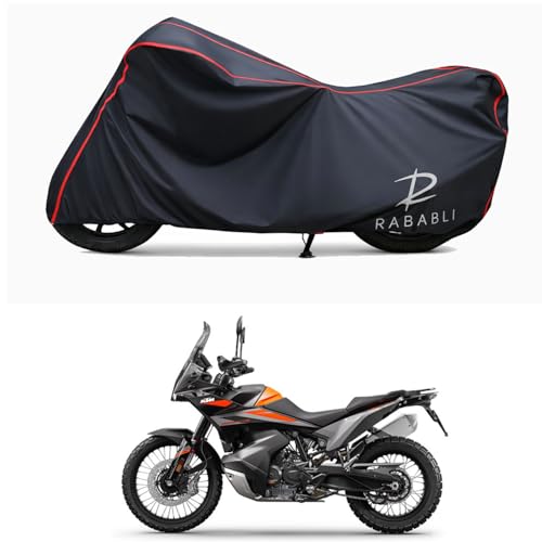 Image of Waterproof Bike Body Cover Compatible for | KTM 890 Adventure R | Taffeta Fabric, Red Piping Design, Bottom Elastic Fit | Dustproof, Sun UV & Rain Protection for All Bikes