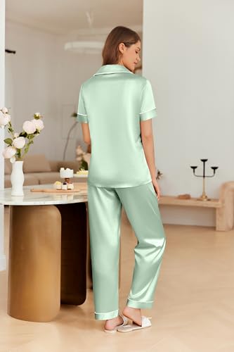 Ekouaer 4PCs Womens Satin Silky Pajama Set Button Down Top and Long Pants Loungewear Camisole Top and Shorts Sleepwear4