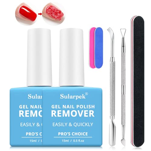 Sularpek 2Piezas Removedor Quita Esmalte Semipermanente para Uñas, Permanentes para Uñas, Elimina Fácil y Rápidamente el Esmalte en 3-5 Minutos,No Daña las Uñas, con Lima de Uñas y Rascador de Esmalt