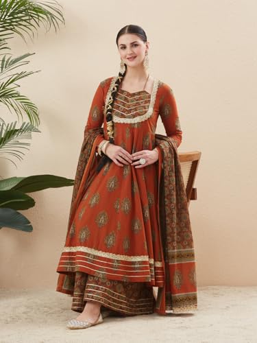 Image of MOKOSH Women's Cotton Print Anarkali Kurta Sharara with Dupatta | Anarkali Kurta Set | Queen Anne Neck Full Sleeve Ethnic Suit | Floral Kurta 3 Colour Option Available | 3 Piece Outfit