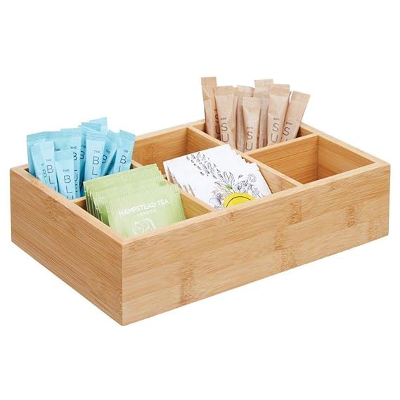Rectangular Pine Wood Compact Tea Box - 6 Divided Sections - Holder For Tea Bags, Coffee, Packets, Sugar/Sweeteners And Small Packets - Natural,Pack of 1