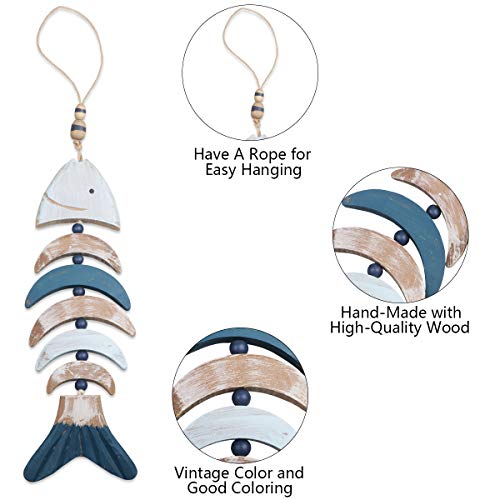 YiYa 24.4" Wooden Decor Fish Bones with Beads for Nautical Decoration, Wall Decor Door Hanging Ornament Beach Theme Garden Office Home Decoration(Blue) - Image 3